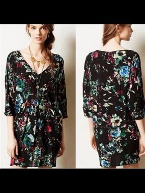 Maeve Anthropology Black Floral Gathered Waist Bat Wing Mini Dress Size S Boho